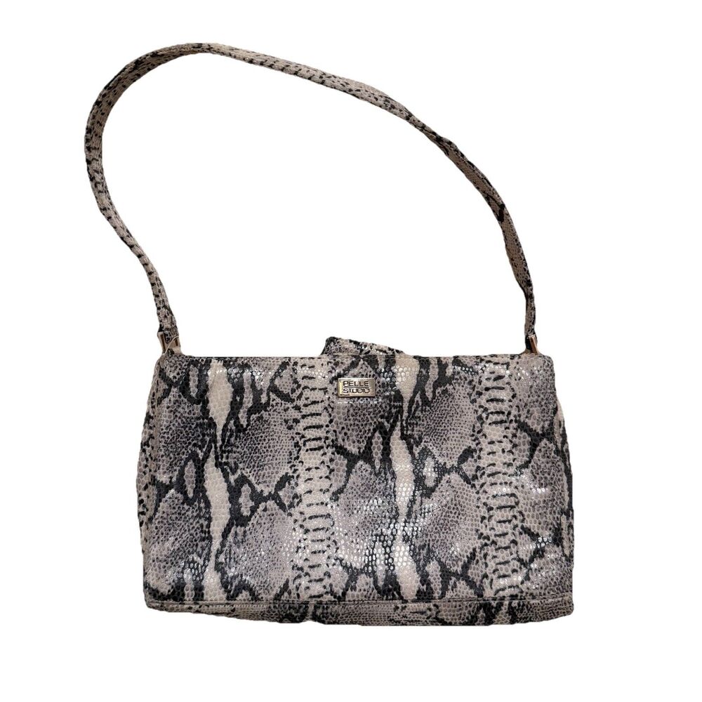 Wilsons Leather Pelle Studio Handbag Purse Gray Snake Pattern Leather Mob Wife